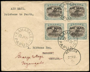 31 July 1931 airmail cover from Samarai via Brisbane and Perth by air, thence by sea to CEYLON; with NEBODA arrival cds and BRISBANE REGISTERED backstamp.