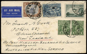 14 Sept. 1931 (AAMC.P31) Salamaua - Samarai cover, flown by P.H.Moody to connect with the mailboat for Australia and thence New Zealand. With additional Papuan and Australian adhesives to pay for additional legs; backstamped SYDNEY & CHRISTCHURCH. [12 flo