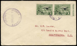 1 Oct. 1931 (AAMC.P33) Wau - Lae cover, flown by E. Mustar for Guinea Airways on the 3rd mail flight to carry the company's round purple cachet. Ex Ray Kelly, who reports "a small quantity of mail".