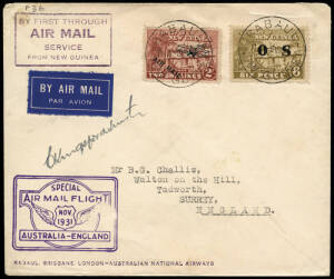 6 Nov.1931 (AAMC.P36a) Rabaul - Australia - England and England - Australia - Rabaul cacheted cover carried aboard the "Southern Sun" and signed by the pilot, Charles Kingsford Smith. With WALTON-ON-THE-HILL arrival b/stamp.