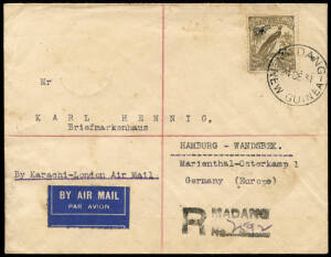 24 Dec.1931 usage of 5/- New Guinea dated Bird Air on registered airmail cover from MADANG to GERMANY.