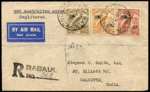 8 Feb.1932 example of New Guinea despatched registered airmail (from Rabaul) for acceptance on the Indian Airmail Service via Perth to Calcutta. Numerous backstamps. Early examples are scarce.