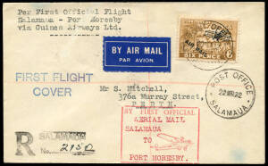 23 Mar.1932 (AAMC.P43) Salamaua - Port Moresby flown registered cover and 28 Sept.1932 (AAMC.P45) Port Moresby - Kokoda flown cover; both carried for Guinea Airways by Orme Denny. [48 & 157 flown].