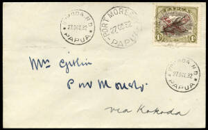 27 Oct.1932 (AAMC.P49b) Port Moresby - Wau - Kokoda - Port Moresby covers, flown by Frank Drayton for Guinea Airways; each cover bearing one of the 3d, 6d or 1/- Aeroplane overprints as a single franking.