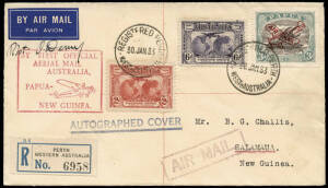 10 Feb.1933 (AAMC.P56) "FIRST OFFICIAL AERIAL MAIL AUSTRALIA, PAPUA - NEW GUINEA" cachet in 2 on two registered covers from PERTH & MELBOURNE to SALAMAUA; both signed by the pilot, Orme Denny, who collected the mail once it arrived at Port Moresby aboard 