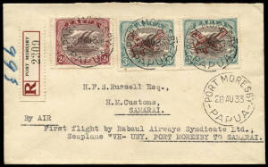 26 Aug.-26 Sept.1933 (AAMC.P66) Port Moresby - Rabaul intermediate flight covers: Port Moresby - Samarai registered (26 Aug.) and Port Moresby - Talasea (26 Sept.), the delay in the flight caused by the need for extensive repairs following a forced landin