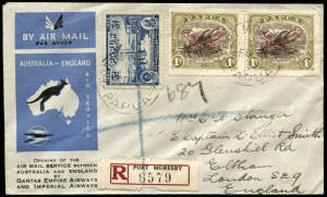 5 Dec.1934 (AAMC.P74a) Port Moresby - Brisbane - London registered cover accepted for carriage on the first regular air service to England by Qantas & Imperial Airways; with all backstamps.