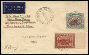 19 Dec.1934 (AAMC.P76) Port Moresby - Abau cover, flown and signed by Orme Denny for Guinea Airways. Denny landed his Fox Moth on the beach at Dedele Point; the small mail was then transferred to canoe and carried via Robinson River to Abau. [29 flown].