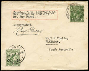 8 Aug.1935 (AAMC.P83) (Adelaide) - Sydney - Wau cover, flown and signed by Ray Parer in a Fairey Fox; posted on arrival, the 1d OS adhesive teid by 14 AU 35 cds. Some spots. Ex Nelson Eustis.