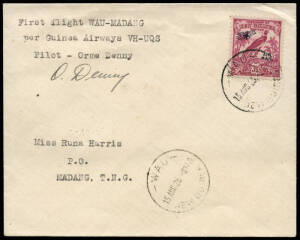 15 Aug.1935 (AAMC.P84) Wau - Madang covers, flown by Orme Denny for Guinea Airways; one signed by the pilot. The first aerodrome at Madang had only been cleared in mid-1935. [70 flown]. Ex Ray Kelly.