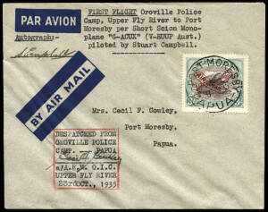 23 Oct.1935 (AAMC.P91) Oroville Police Camp - Port Moresby cover, flown & signed by Stuart Campbell in a Short Scion S16 Seaplane; the cover is also signed by Cecil Cowley, the Officer in Charge. [40 flown].