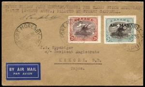 5 Nov.1935 (AAMC.P92) Port Moresby - Kikora cover, flown & signed by Stuart Campbell in a Short Scion S16 Seaplane; the cover bears a very fine strike of the large "RESIDENT MAGISTRATE/ ("KIKORI") / NOV 5 1935 / DELTA DIVISION" cachet on reverse. [12 flow