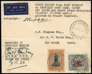 5-9 Nov.1935 (AAMC.P93) Port Moresby - Oroville Police Camp cover, flown & signed by Stuart Campbell in a Short Scion S16 Seaplane; the cover is also signed & dated by Cecil Cowley, the Officer in Charge. [89 flown].