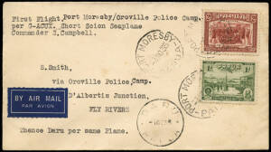 5 Nov. - 1 Dec.1935 (AAMC.P94) Port Moresby - Oroville Police Camp - Daru cover, flown by Stuart Campbell in a Short Scion S16 Seaplane; the cover is signed on reverse by Cecil Cowley, the Officer in Charge. With DARU 1 DE 35 arrival cds on front. [12 flo