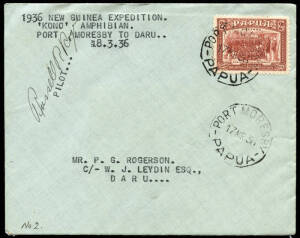 17 Mar.1936 (AAMC.P97) Port Moresby - Daru cover, flown and signed by Russell Rogers, pilot for the Second Archbold Expedition, in "Kono" a Fairchild NR777 amphibian. The purpose of the expedition was to explore and collect specimens in the area of the Fl