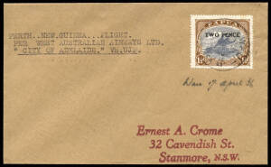 17.Mar.-17 Apr.1936 (AAMC.P98) Adelaide - Wau cover via Daru, flown by Brearley & Stephens in their DH66 Hercules "City of Adelaide" and cancelled on arrival at Wau. [9 flown]