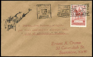 17.Mar.-17 Apr.1936 (AAMC.P98,98a) Sydney - Brisbane cover, flown and signed by P. Hawes, and Adelaide - Wau cover via Daru, flown by Brearley & Stephens in their DH66 Hercules "City of Adelaide" for Stephens Aviation Ltd and cancelled on arrival at Wau. 