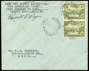 24 Apr.1936 (AAMC.P101) Port Moresby - Daru cover, flown by Rogers & Archbold on the fourth flight of the Second Archbold Expedition in their Fairchild NR777 Amphibian "Kono". Signed by Russell Rogers. Ex Ray Kelly.