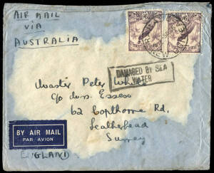 22 Aug. 1936 (AAMC.P104a) Rabaul - Australia - England cover, carried on the ill-fated "Scipio", which crashed in the Bay of Mirabella, near Crete. With boxed cachet "DAMAGED BY SEA WATER". Extremely scarce. [AAMC # allocated for next edition].