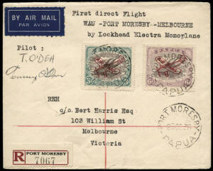 29 Oct. 1936 (AAMC.P108) Port Moresby - Melbourne registered cover, flown and signed by Tommy O'Dea for Guinea Airways on a charter flight to the 1936 Melbourne Cup. The "Papuan Courier" of the day reported: "This flight has undoubtedly proved the practic