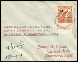 1 Dec.1936 (AAMC.P109) Sydney - Salamaua cover, flown and signed by R.O.Mant (and his wife) a nd cancelled on arrival after their flight for W.R.Carpenter & Co. in an Avro 642 they were delivering for service in New Guinea. [5 flown].