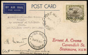 30 Dec.1936 - 4 Jan.1937 (AAMC.P110a) Sydney - Salamaua - Port Moresby - Sydney postcard, flown and signed by R.O. Mant (and his wife) on their flight for Mandated Airlines in a DH84 Dragon. The card had previously been flown from Australia to New Zealand