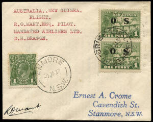 4 Jan.1937 (AAMC.P110b) Sydney - Salamaua cover, flown and signed by R.O. Mant for Mandated Airlines; returned by sea and cancelled on arrival at BRISBANE (27 JA 37) before being returned to Sydney. [5 flown].