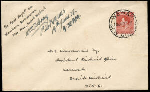 19 June 1937 (AAMC.P114) Mai Mai (Sepik District) - Wewak cover, flown, endorsed and signed by William Gray for Mandated Airlines, flying a DH83 Fox Moth. The cover was postmarked on arrival at Wewak. This was the first flight from the newly cleared airfi