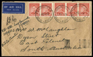 28 Aug. 1937 (AAMC.P115b) Wewak - Lae - Townsville cover, flown and signed by Lee Ross on the Lae - Townsville leg in a Ford Tri-Motor; posted on arrival at Townsville. The return flights were oil company charters flown by Guinea Airways.