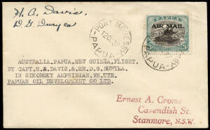 Sept.- Oct. 1937 (AAMC.P116a & c) Sydney - Port Moresby and Sydney - Lae covers, flown and signed by Davis & Duryea in their Sikorsky Amphibian owned by Papua Oil Development Co. The Port Moresby cover cancelled on arrival (12 OC); the Lae cover cancelled