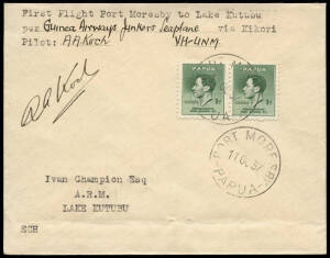 11 Oct.1937 (AAMC.P117) Port Moresby - Lake Kutubu cover, flown and signed by Aubury Koch for Guinea Airways in a Junkers W34. This was a delivery flight to the police camp then under construction at Lake Kutubu. [17 flown].