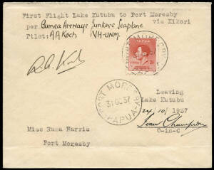 24-31 Oct.1937 (AAMC.P121) Lake Kutubu - Port Moresby cover, flown in a Junkers W34d Seaplane and signed by Aubury Koch for Guinea Airways; also signed by Ivan Champion, Officer in Charge. [17 flown].