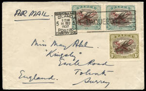 Dec.1937 commercial cover bearing 1/6 Papuan airmails tied by BRISBANE PAQUEBOT machine cancel, correctly rated for airmail delivery to England.