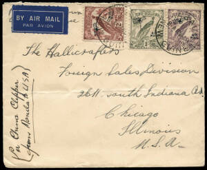 10 Jan.1938 commercial cover bearing 3/9 New Guinea airmails tied by RABAUL cds, correctly rated for airmail delivery to Chicago. Correctly rated and endorsed "Per China Clipper from Manila to USA". A rare example of mail from New Guinea carried on the Ma