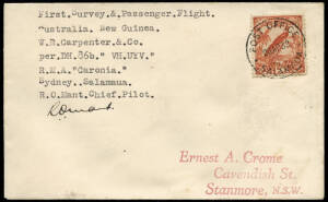 1820 Apr.1938 (AAMC.P129 & 130) Sydney - Salamaua & Sydney Rabaul covers, flown and signed on a survey and aircraft delivery flight for W.R.Carpenter Airlines by R.O.Mant, flying a DeHavilland DH86. Ex Ray Kelly (who reports 5 items flown to each destinat