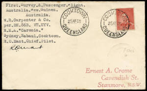 18-25 Apr.1938 (AAMC.P129, 129a, 129b & 131) Sydney - Rabaul - Port Moresby, Sydney - Rabaul - Cooktown, Sydney - Rabaul & Sydney - Rabaul - Townsville, covers flown and signed on a survey and aircraft delivery flight for W.R.Carpenter Airlines by R.O.Man