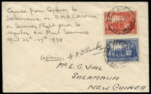 26-28 Apr.1938 (new AAMC.P131a) Sydney - Salamaua cover, signed by G.J.I.Clarke on a survey flight for W.R.Carpenter Airlines in the DH86 "Caronia". Ex Ray Kelly (who observes that "...Clarke carried a very small mail on his flight. Such covers were in de