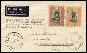 29 June 1938 (AAMC.P135) Port Moresby - Samarai - Losuia cover, carried by Ken Garden in a Stinson Reliant Seaplane for Guinea Airways. The emergency flight to pick up a sick man who needed urgent transport to Port Moresby hospital, was the first flight t