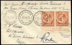 29-30 June 1938 (AAMC.P136a) Port Moresby - Samarai - Losuia - Port Moresby cover, flown and signed by Ken Garden in a Stinson Reliant Seaplane for Guinea Airways. The emergency flight to pick up a sick man who needed urgent transport to Port Moresby hosp