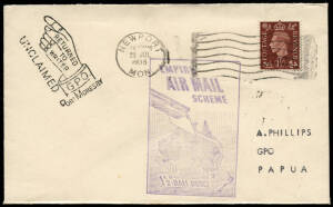 23 July - 10 Aug.1938 (AAMC.137-38) Empire Airmail Scheme covers carried on the first despatches including one bearing the "RETURNED TO WRITER/UNCLAIMED/PORT MORESBY pointing hand" handstamp.