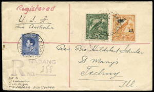 Aug.1938 registered airmail cover from MADANG to USA, with MADANG, SYDNEY, SAETTLE & TECHNY, Illinois backstamps.