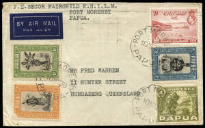 10 Mar.1939 (AAMC.P138a) Port Moresby - Bundaberg airmail cover, sent by F.E.Secor, Chief Pilot for the K.N.I.L.M. - Fairchild Aerial Survey joint venture. The exploration and survey flights began in October 1938 and ceased in mid-1940.