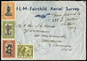 2 July 1939 (AAMC.P138a) Port Moresby - Townsville airmail cover, addressed to USA, for the K.N.I.L.M. - Fairchild Aerial Survey joint venture. The exploration and survey flights began in October 1938 and ceased in mid-1940. Sent by Jack Ringers, Port Mor