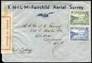 17 Nov.1939 (AAMC.P138a) Port Moresby - Sydney - USA airmail cover, for the K.N.I.L.M. - Fairchild Aerial Survey joint venture. The exploration and survey flights began in October 1938 and ceased in mid-1940. With red printed "OPENED BY CENSOR" label affi