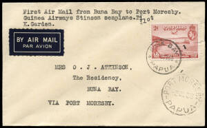 3 Oct.1938 (AAMC.P139) Buna Bay - Port Moresby cover, flown by Ken Garden for Guinea Airways in a Stinson Reliant Seaplane. On a routine flight from Salamaua to Port Moresby, bad weather forced Garden to make an unscheduled landing at Buna Bay. O.J.Atkins