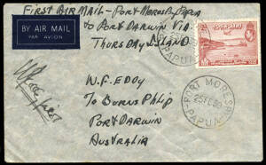 25 Feb.1939 (AAMC.P142) Port Moresby - Thursday Island - Darwin cover, flown by Eddy & Kelly in a Grumman Amphibian. Signed by W.Eddy, pilot. (Signed covers are very rare).