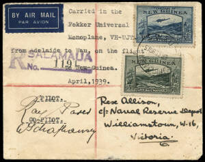 21 Apr.1939 (AAMC.P145a) Adelaide - Wau cover, per Fokker VII [VH-UJT], signed by pilots Ray Parer & Willy Schaufhausen, placed into the mail at Wau only on 5AUG39 & registered at Salamaua. Cat.$1250+ [The plane had been bought by the Catholic Mission at 