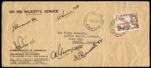 2 Oct.1939 Port Moresby - Sydney OHMS cover [No.11 Squadron, Port Moresby] flown and signed by the crew including Eris Sims, Bob Gurney, Geogh Hemsworth, Bill Purton and others. At the outbreak of World War II, the RAAF established a squadron in Port More