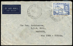 4 Jan.1940 (new AAMC.P150a) Bulolo (Police Camp) - Mamba cover, delivered partially by air and illustrating the rather complex route and varied forms of transport often needed for delivery of mails within the Territories. R.S.M.Gill, the addressee, has ma