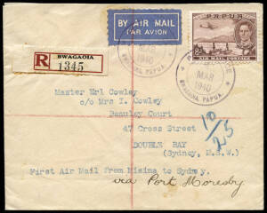 2 Mar.1940 (AAMC.P151) Bwagaoia (Misima Island) - Port Moresby registered cover, carried on the first airmail flight from the island. The 8d Air Mail tied by double-circle "POST OFFICE/2/MAR/1940/BWAGAOIA, PAPUA" cds in violet [Lee #87, rated E]. Ex Ray K